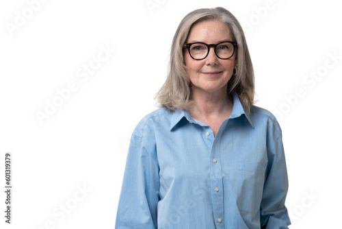 Elegant mid adult woman against transparent background. Stylish mature woman in blue casuals looking at camera and smiling