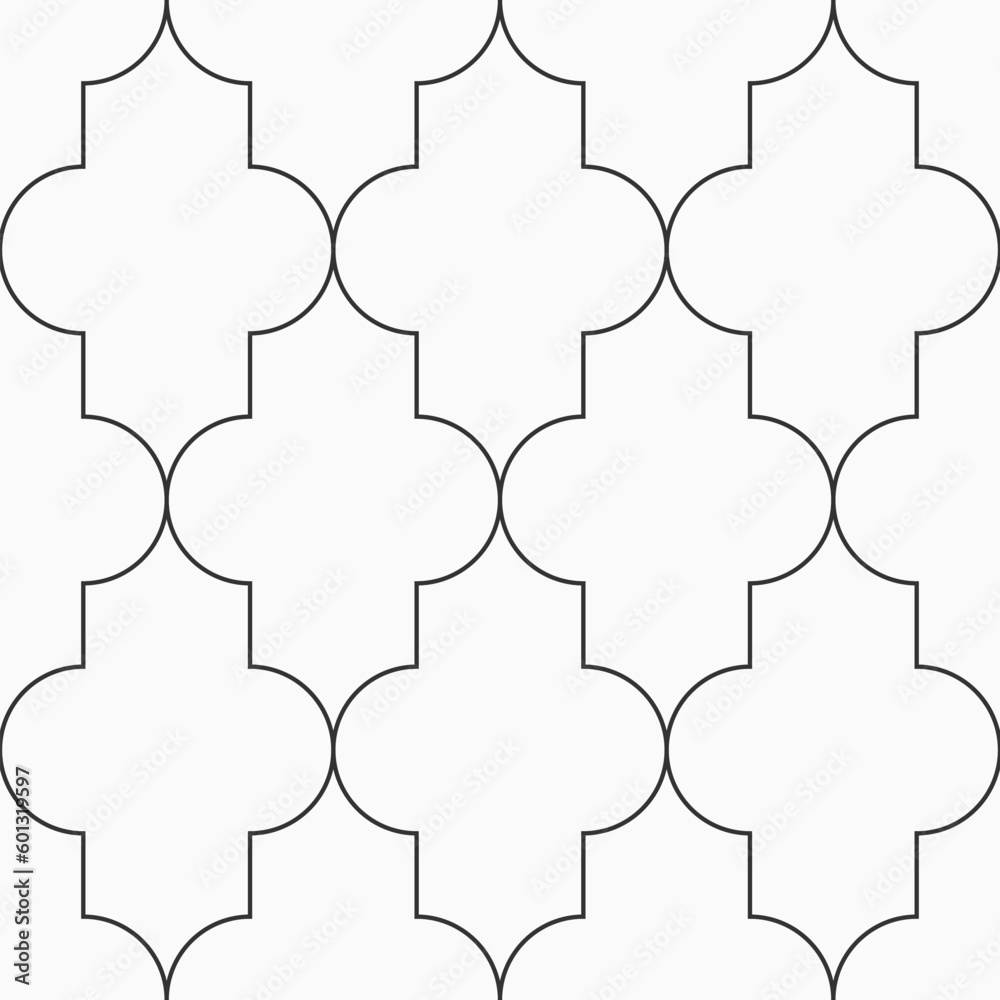 Arabic geometric seamless pattern. Quatrefoil vector pattern. Lattice pattern. Oriental traditional pattern with repeated mosaic tiles. Moroccan crosses motif. Black and white vector background.