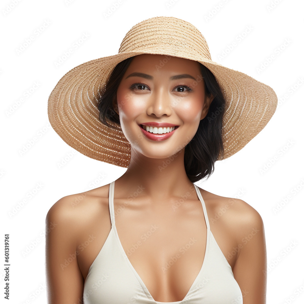 Portrait of a young, attractive, asian woman wearing bikini and straw hat. Isolated on transparent background, no background. Portrait of a young, attractive, asian woman wearing bikini and straw hat. Isolated on transparent background, no background.