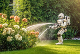 ein Roboter, bewässert den  Garten 