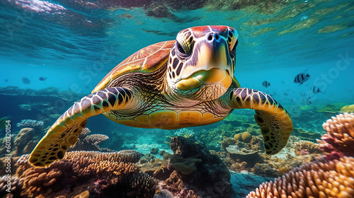 sea turtle close up over coral reef in hawaii. ai generative. © sopiangraphics