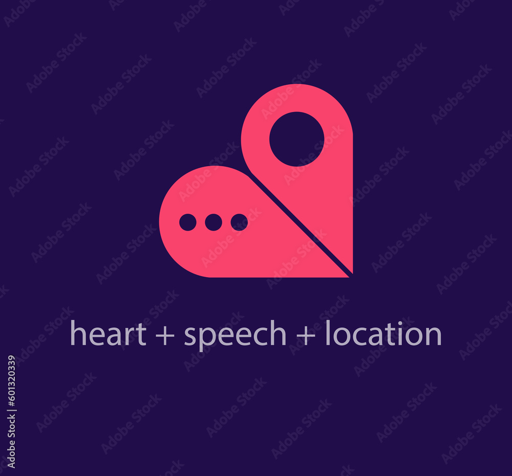 Creative heart, location and speech bubble logo. Unique color transitions. Location and speech logo template in heart. vector. Creative heart, location and speech bubble logo. Unique color transitions. Location and speech logo template in heart. vector.