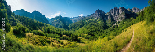 summer panorama of the field and the blue sky in the mountains. High quality Generative AI