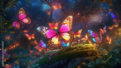Magic forest with colorful butterflies, forest with bright colorful butterflies. Generative AI © ColdFire
