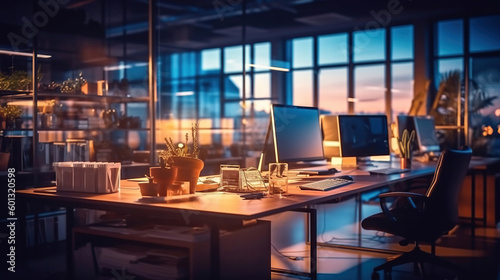 Blurred office workspace in the evening , interior workplace with cityscape for business presentation background, Generative AI