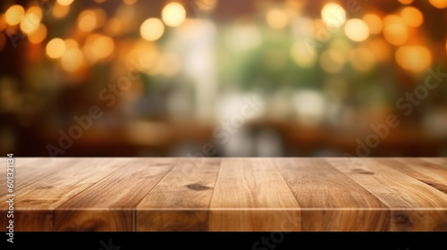 Empty wood table top on blur bakery shop or cafe restaurant with abstract bokeh background. Generative Ai