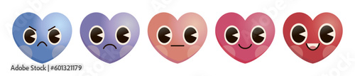 Évaluation de la satisfaction client avec des icônes en forme de cœur, dégradé de couleur et visage expressif, de la colère à la joie, style emoji mignon et fun, série de vecteur pour notation