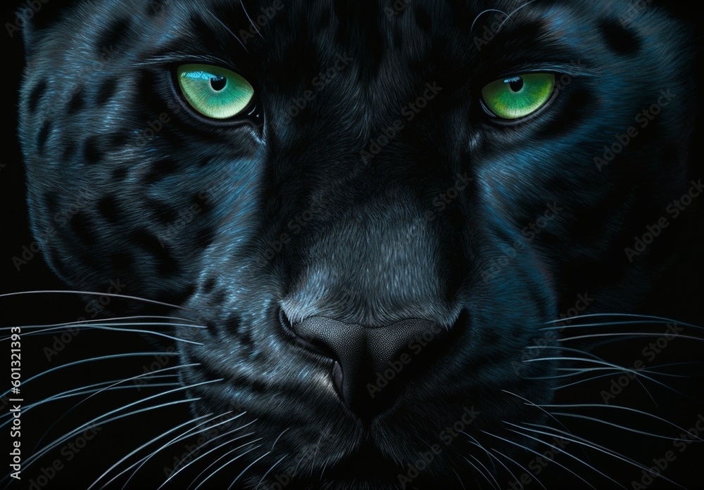 Retrato de una pantera negra con ojos verdes - obrazy, fototapety, plakaty 