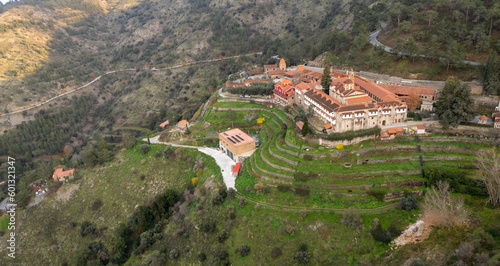 Drone aerial of Christian orthodox monastery of Machairas. Holy places cyprus photo