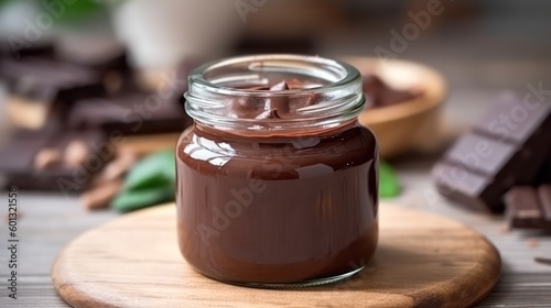 handmade chocolate cream paste in a glass jar on the table. world chocolate day.Generative AI