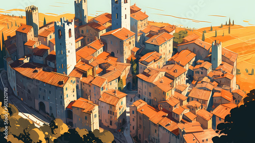 Illustration of beautiful view of San Gimignano, Italy photo