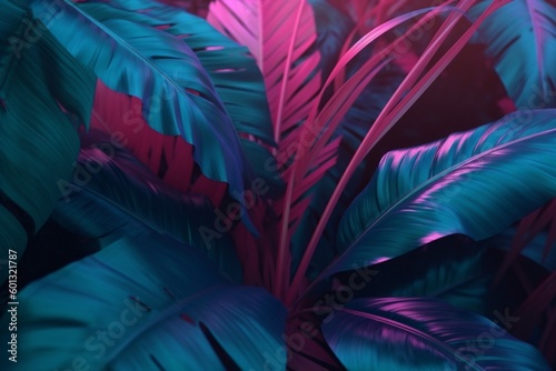 plant exotic neon night art background tropical purple leaf spring jungle. Generative AI. © VICHIZH