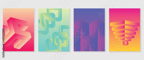 Abstract gradient background vector set. Minimalist style cover template with vibrant perspective 3d geometric prism shapes collection. Ideal design for social media, poster, cover, banner, flyer.