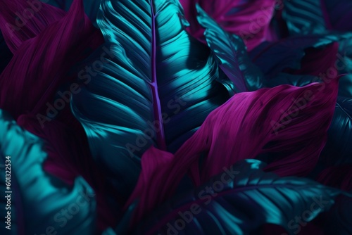palm tropical purple night background exotic leaf plant neon jungle art. Generative AI. © VICHIZH