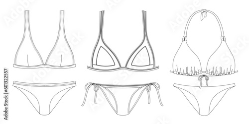 Woman sustainable swimwear, technical drawing, template, sketch, flat, mock up. Recycled PA, Recycled PES, Lycra fabric. Swimwear fashion front view, white color
