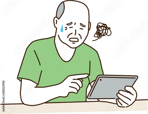 タブレットを持ちながら困る高齢者男性
