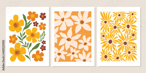 Abstract contemporary posters with floral design, aesthetic minimalist backgrounds set, modern trendy wall decoration