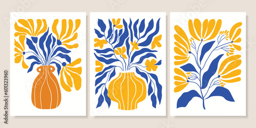 Abstract contemporary posters set with floral design, aesthetic backgrounds , modern trendy wall decoration in blue and yellow