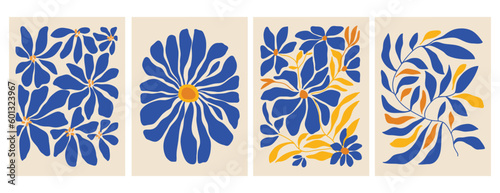 Abstract contemporary posters with floral design, aesthetic minimalist backgrounds set, modern trendy wall decoration in blue and yellow