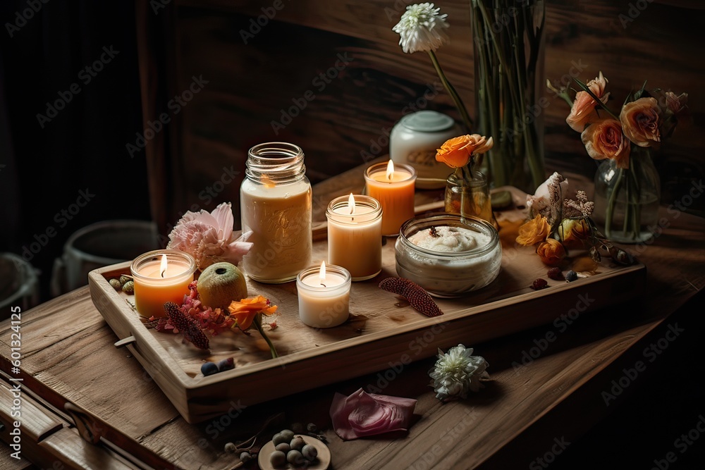 Spa stones, towel and candles on color background. Spa composition and treatments on light wooden background, close-up. Generative Ai Spa stones, towel and candles on color background. Spa composition and treatments on light wooden background, close-up. Generative Ai