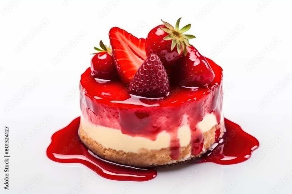 A strawberry cheesecake with a red sauce on it. Generative AI A strawberry cheesecake with a red sauce on it. Generative AI
