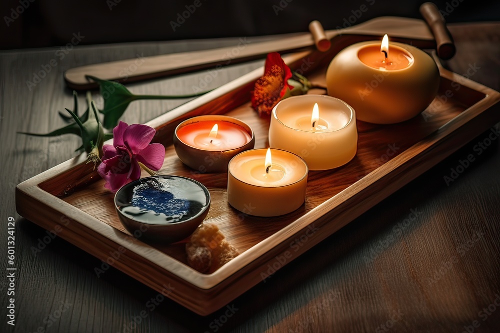 Spa stones, towel and candles on color background. Spa composition and treatments on light wooden background, close-up. Generative Ai Spa stones, towel and candles on color background. Spa composition and treatments on light wooden background, close-up. Generative Ai