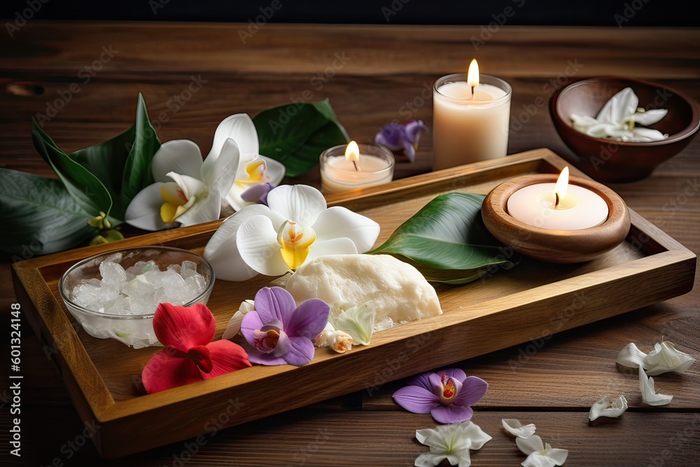 Spa stones, towel and candles on color background. Spa composition and treatments on light wooden background, close-up. Generative Ai