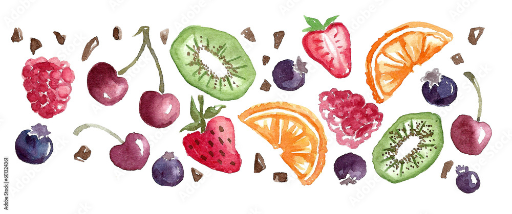 Set of summer berries and fruits for desserts. Cherries and strawberries, blueberries and raspberries, kiwi and orange slices on a white background. watercolor freehand illustration Set of summer berries and fruits for desserts. Cherries and strawberries, blueberries and raspberries, kiwi and orange slices on a white background. watercolor freehand illustration