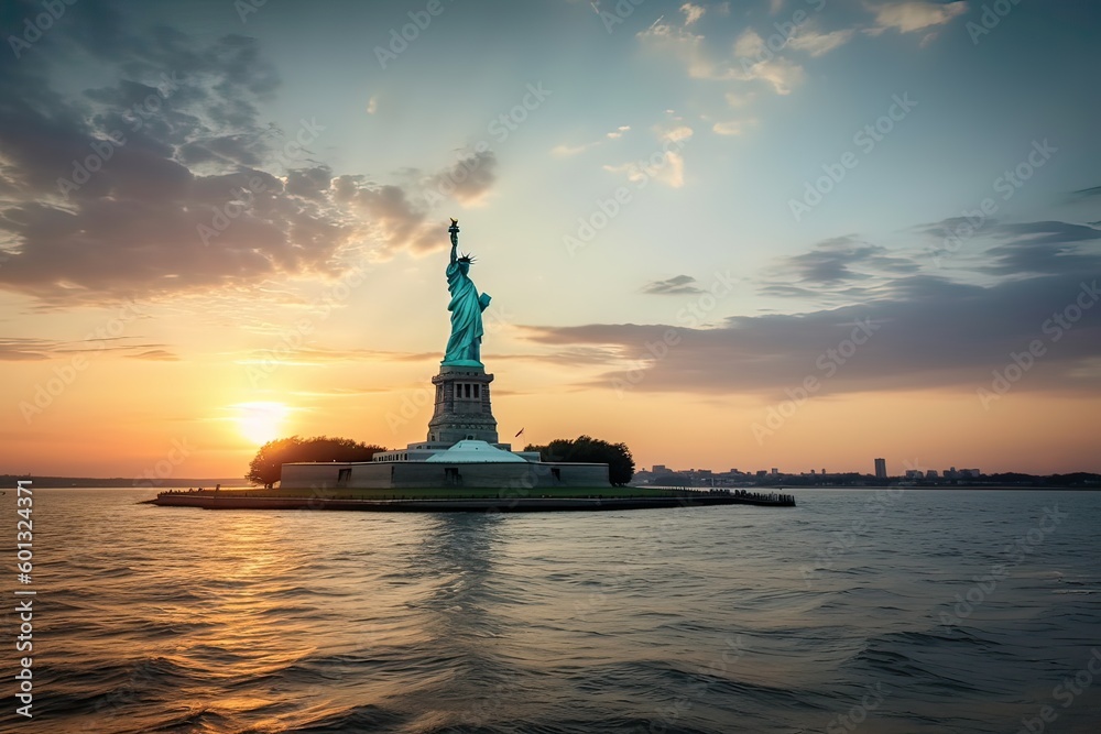 The Statue of Liberty free of tourists and New York City Downtown. Generative Ai.