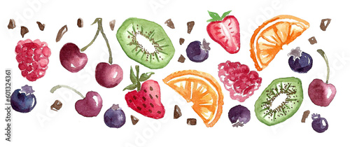 Fototapeta Naklejka Na Ścianę i Meble -  Set of summer berries and fruits for desserts. Cherries and strawberries, blueberries and raspberries, kiwi and orange slices on a white background. watercolor freehand illustration 