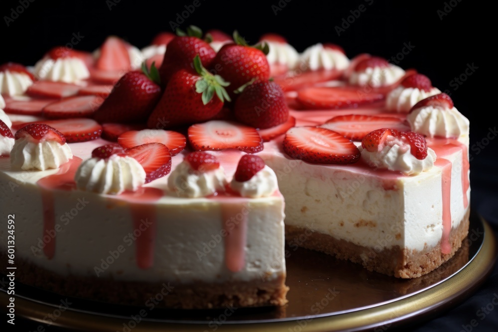 A strawberry cheesecake with a slice taken out of it. Generative AI A strawberry cheesecake with a slice taken out of it. Generative AI