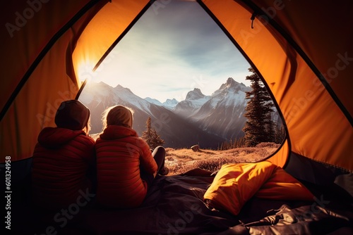 A loving young couple went on a weekend for a picnic, sit near a tent. Camping, recreation, hiking. Generative Ai.