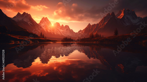 Serene mountain lake during sunset, with the sun setting behind the jagged peaks, casting a warm orange glow over the landscape. Generative AI