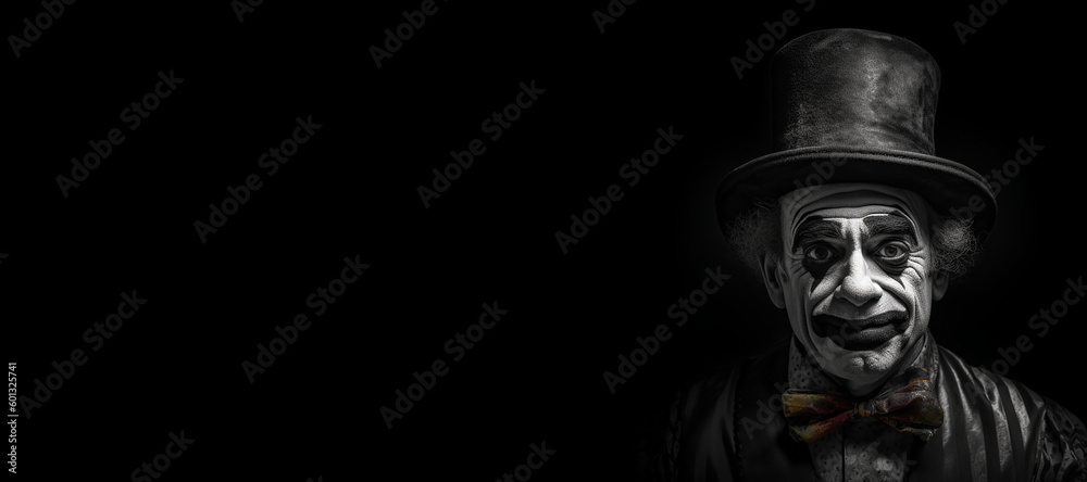 Black and white photorealistic studio portrait of a clown on black background. Generative AI illustration