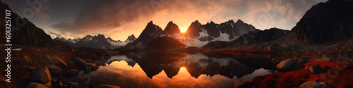 Serene mountain lake during sunset, with the sun setting behind the jagged peaks, casting a warm orange glow over the landscape. Generative AI