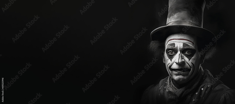 Obraz premium Black and white photorealistic studio portrait of a clown on black background. Generative AI illustration