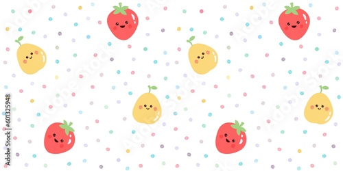 Fototapeta Naklejka Na Ścianę i Meble -  Nursery art print. Seamless pattern with fruits and dots. Children’s illustration