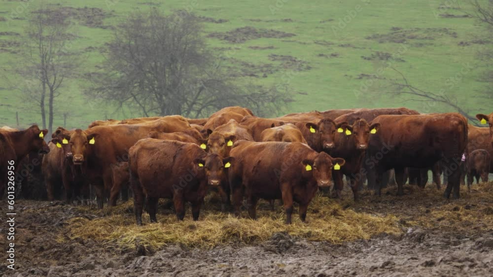 A herd of brown cows standing on a dunghill in the middle of a morning meadow A herd of brown cows standing on a dunghill in the middle of a morning meadow