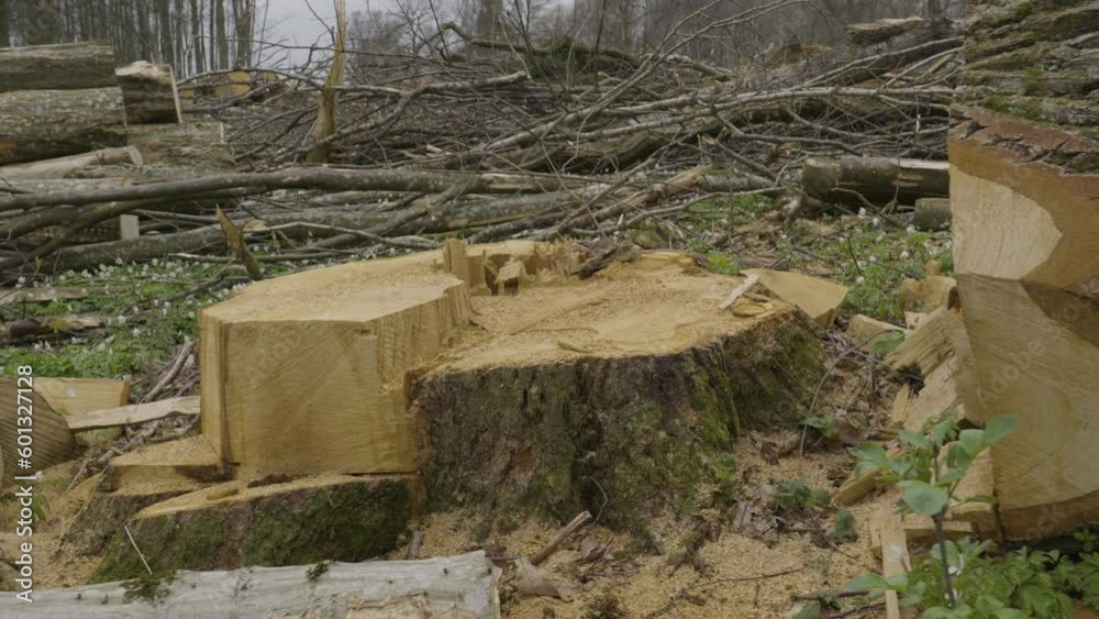 The aftermath of commercial tree logging in woods, stumps, logs and branches The aftermath of commercial tree logging in woods, stumps, logs and branches