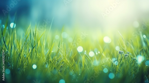 Green grass and blue sky abstract background with flares. Generative AI