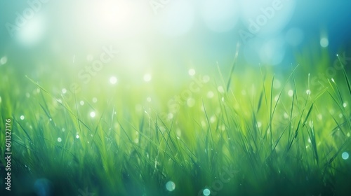 Green grass and blue sky with beautiful background with blur and flares. Generative AI
