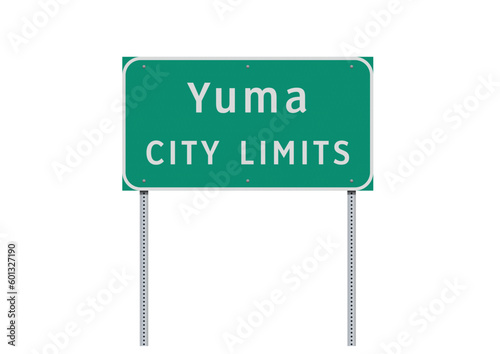 Vector illustration of the Yuma (Arizona) City Limits green road sign on metallic posts