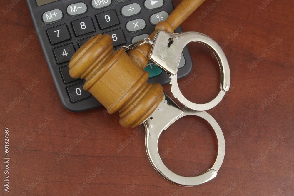 Judge gavel with handcuffs on calculator on wooden table.