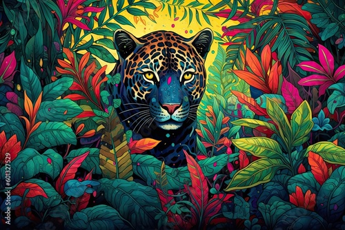Colorful and vibrant illustration of a tiger in the jungle (Generative AI, Generativ, KI)