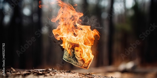 dollars burn in a fire on a black background,  economic crisis in America. Decrease in profit. Recession. illustration by ai generative