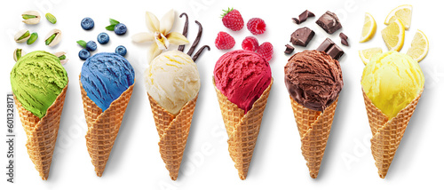 Set of different types of ice cream balls in waffle cones with ice cream ingredients - fruits, berries and sweets.