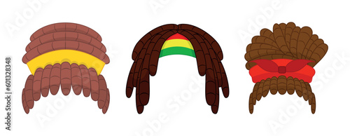 Set of beautiful hairstyles with dreadlocks in a cartoon style. Vector illustration of different stylish types of dreadlock hairstyles for boys and girls isolated on white background.