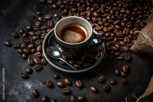 Coffee cup and coffee beans on a dark stone background.