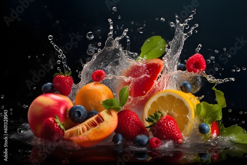 beautiful fruits and vegetables in a massive juicy splash, ai tools generated image