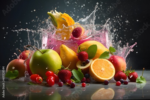 beautiful fruits and vegetables in a massive juicy splash, ai tools generated image